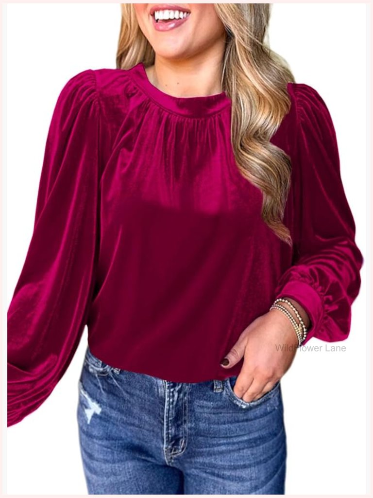 Dressy Puff Long Sleeve Velvet Top Ruched Holiday Tunic Blouse